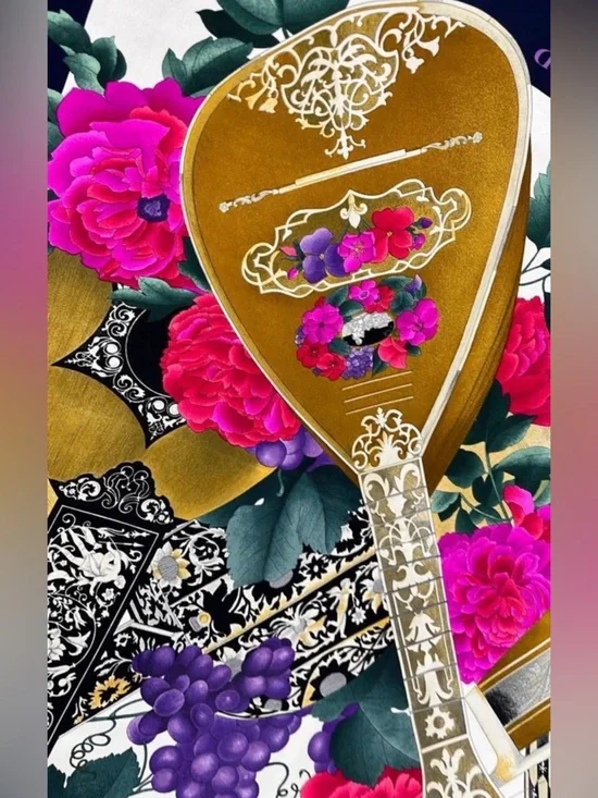 LEONARD Paris 100% Silk Scarf Baroque Arrangement Stringed Instrument Peony Navy - Picture 13 of 16